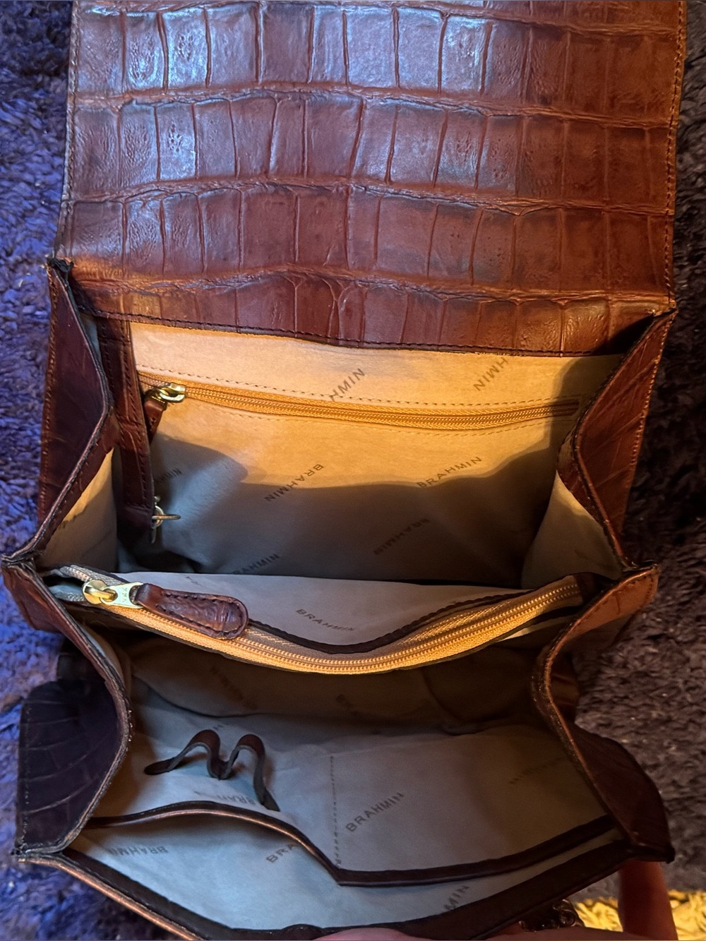 Brahmin Olivia Rose Lady Croc-Embossed Top Handle Crossbody in Deep Rich Brown - Picture 10 of 16